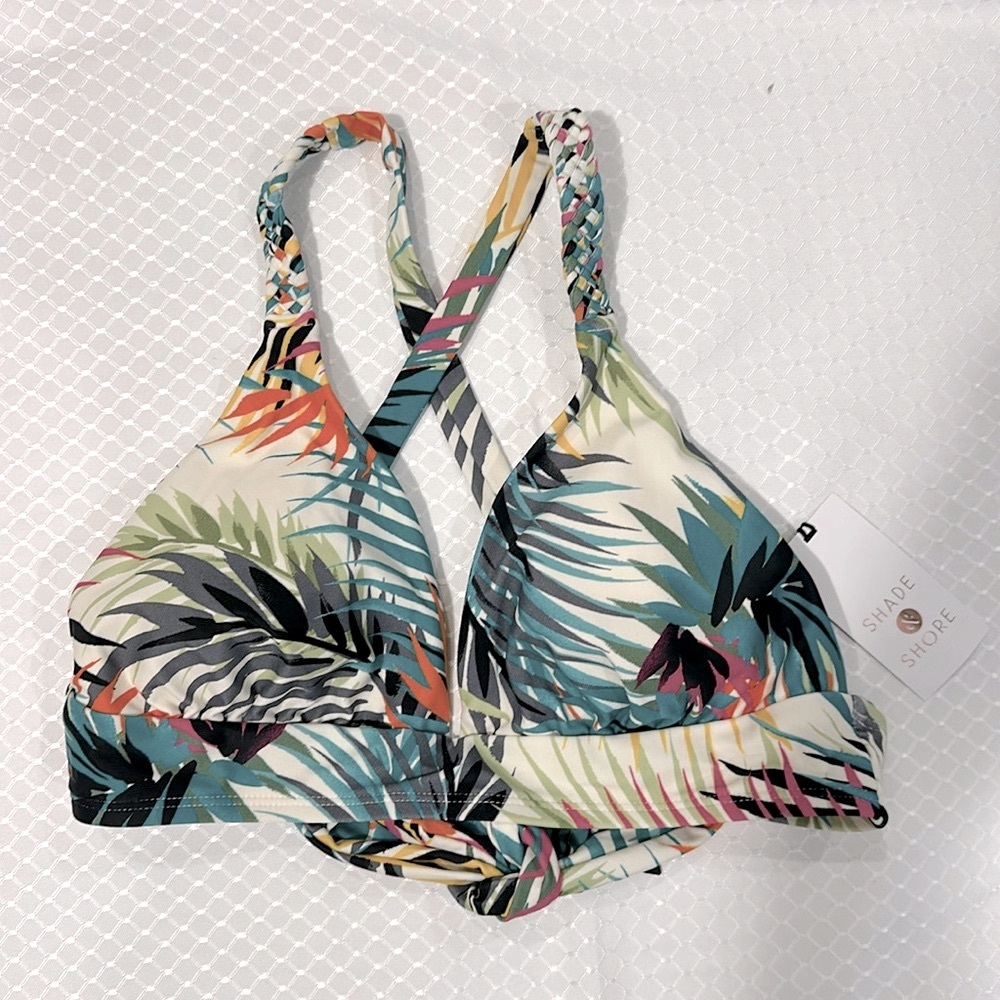 NWT  Small tropical print bikini top, ties in back, adjustable, removable pads
